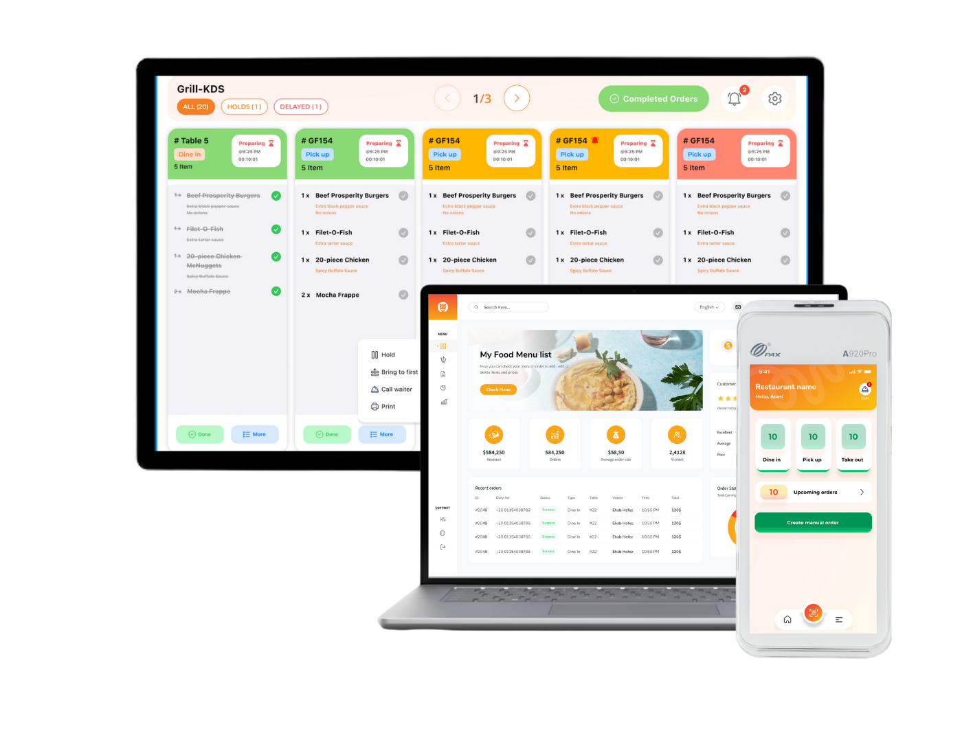 Waitery running on a laptop kitchen display, a tablet POS, and a phone