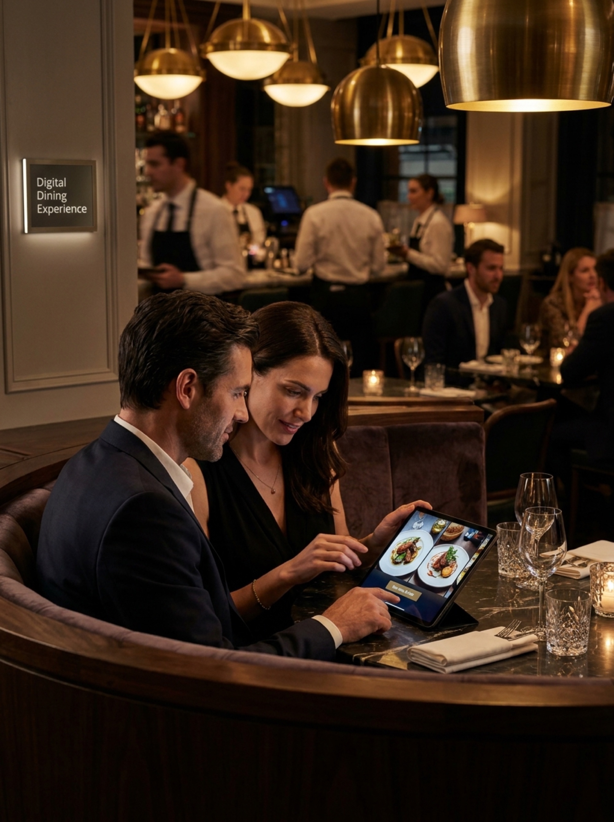Diners ordering on a Waitery tablet in a restaurant booth