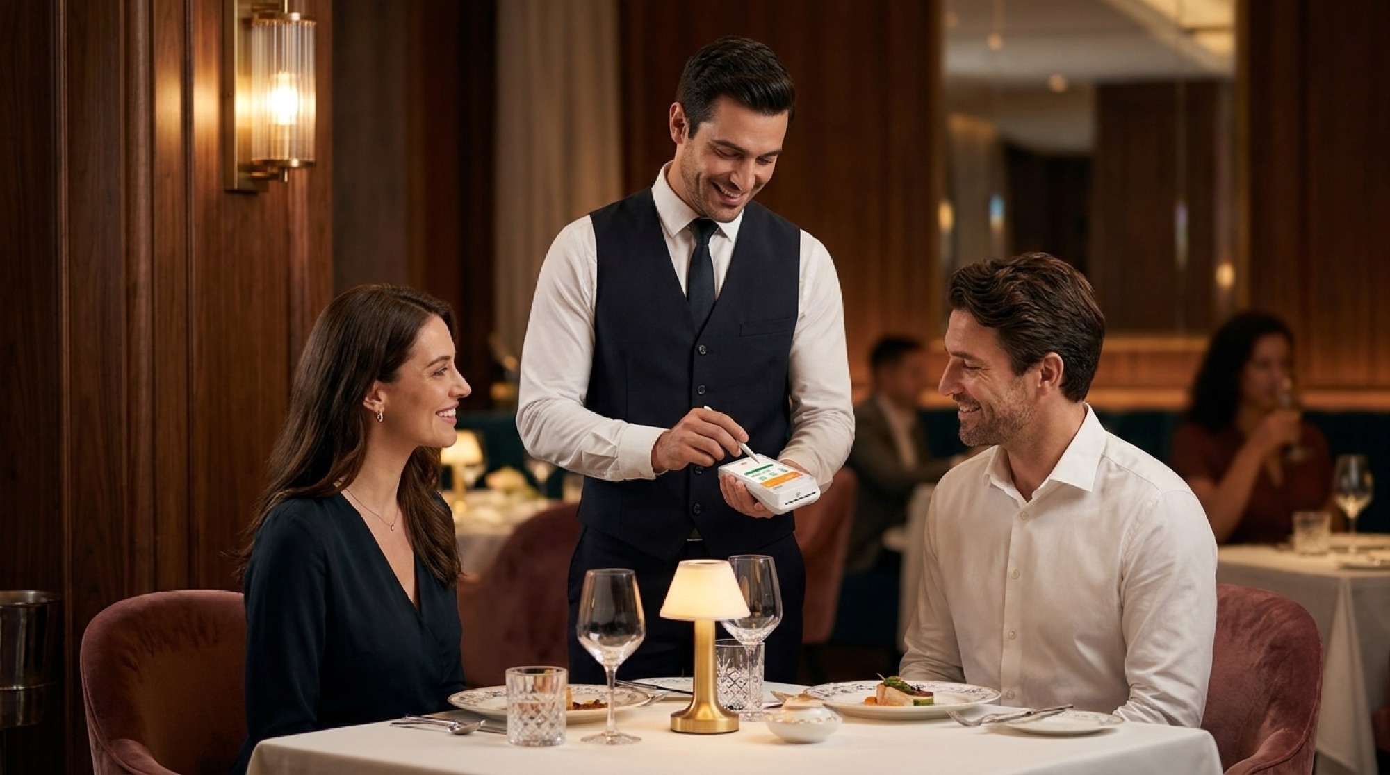 A server taking an order and payment on a Waitery handheld at the table