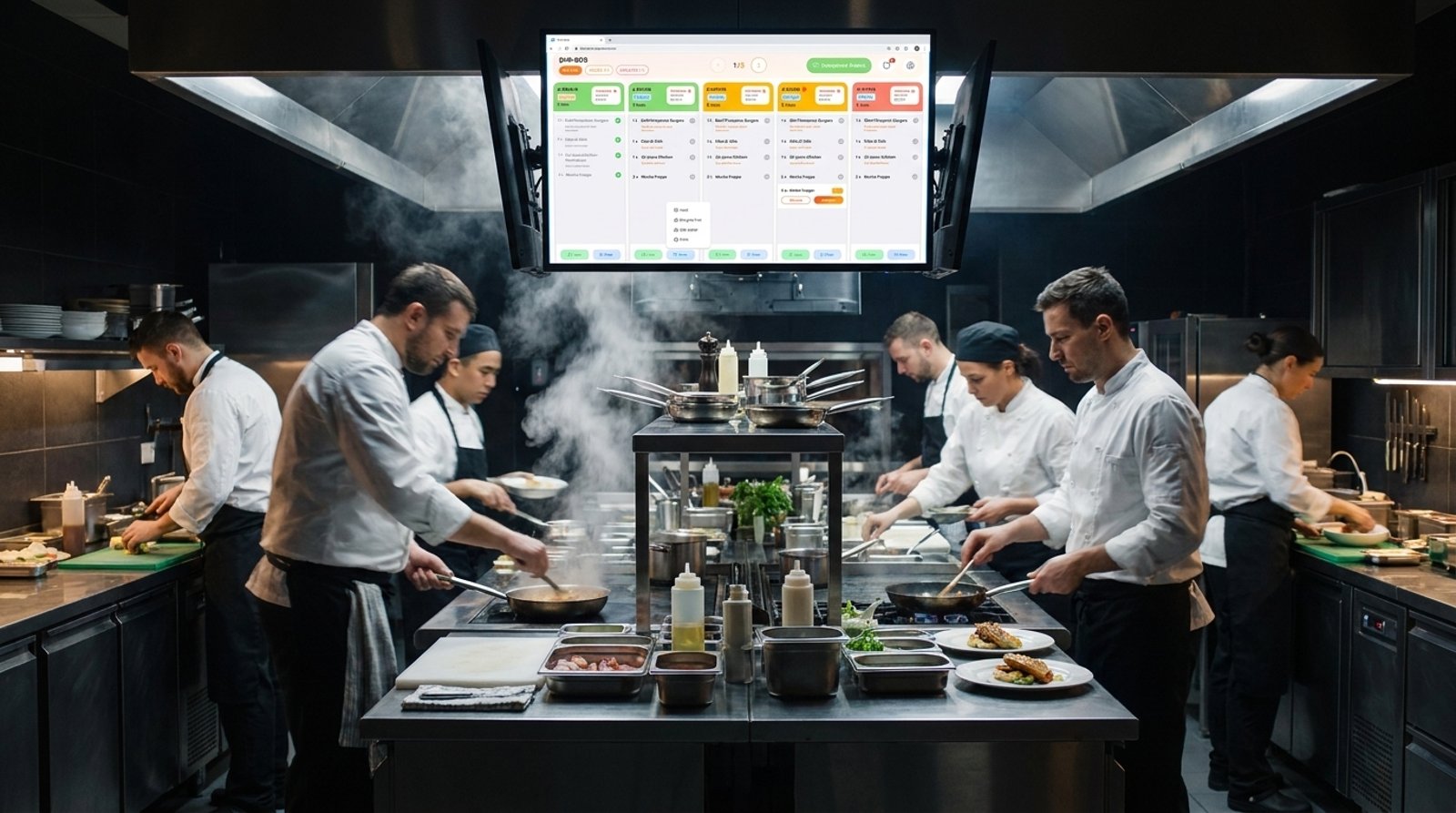 A chef working the line beside a live Waitery kitchen display